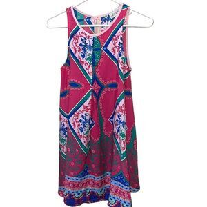 Black Bead Bright Pink, Green & Blue Patterned‎ Sun Dress - Size Small